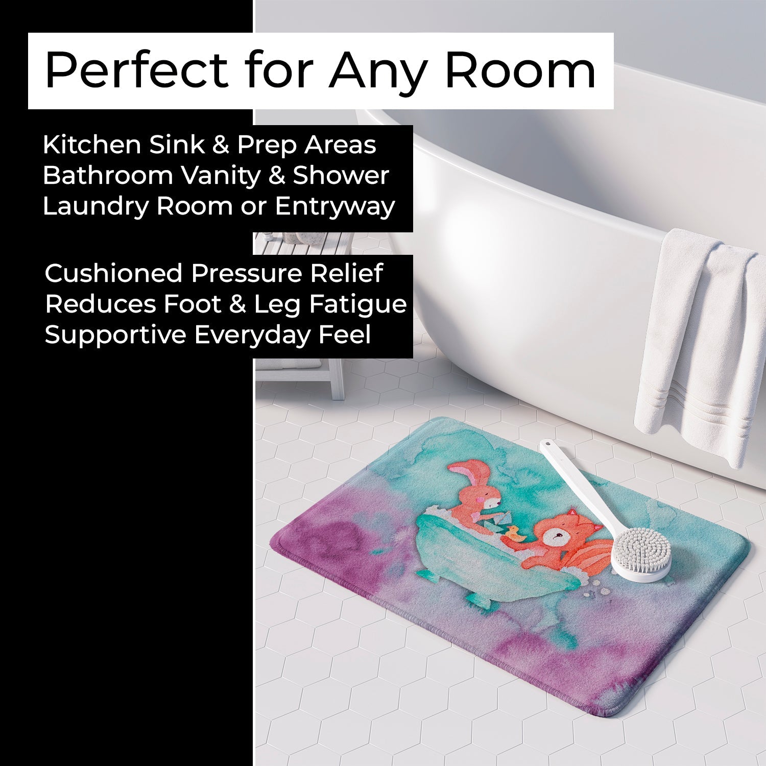 Rabbit and Squirrel Bathing Watercolor Memory Foam Kitchen Mat Machine Washable Anti-Fatigue Cushion Comfort Bath or Kitchen Rug