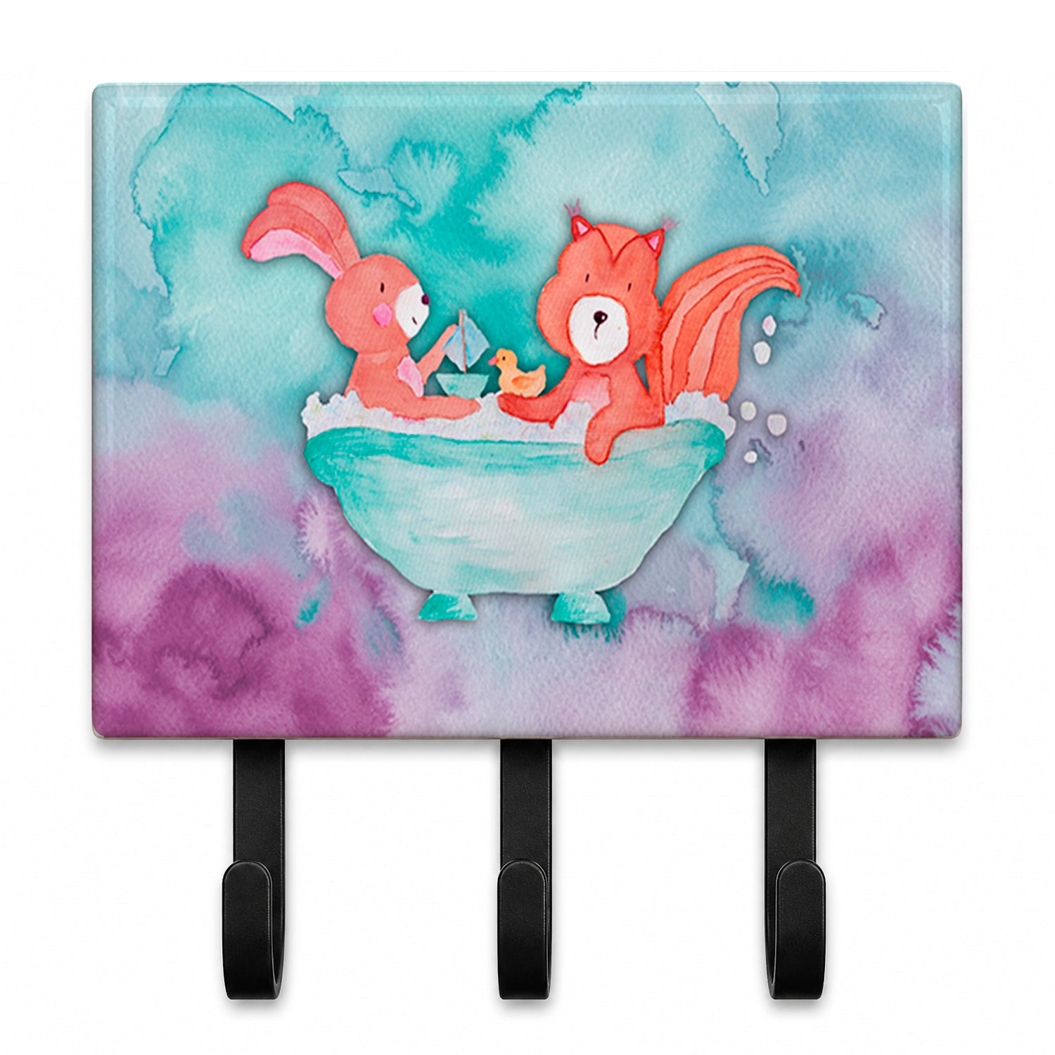 Rabbit and Squirrel Bathing Watercolor Leash or Key Holder Wall Hooks, Coat Rack Wall Mount, for Hanging Keys, Towels, Aprons, Leashes
