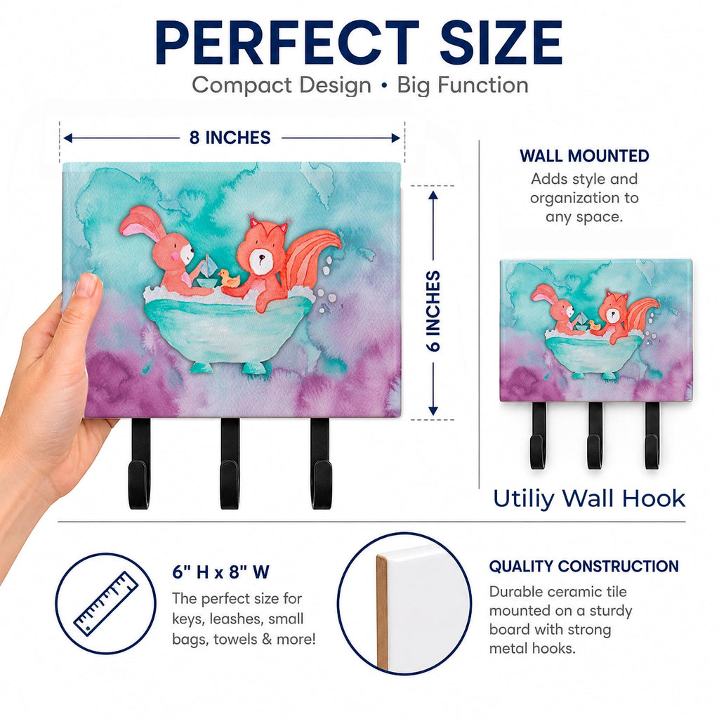 Rabbit and Squirrel Bathing Watercolor Leash or Key Holder Wall Hooks, Coat Rack Wall Mount, for Hanging Keys, Towels, Aprons, Leashes