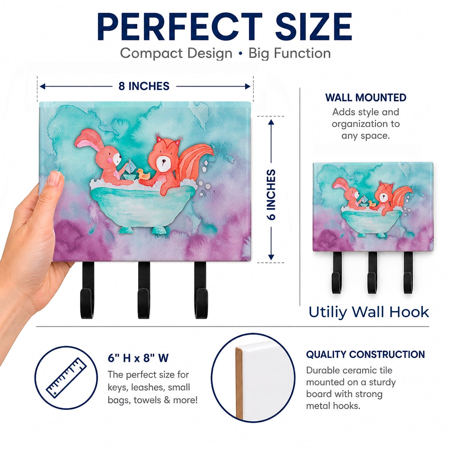 Rabbit and Squirrel Bathing Watercolor Leash or Key Holder Wall Hooks, Coat Rack Wall Mount, for Hanging Keys, Towels, Aprons, Leashes