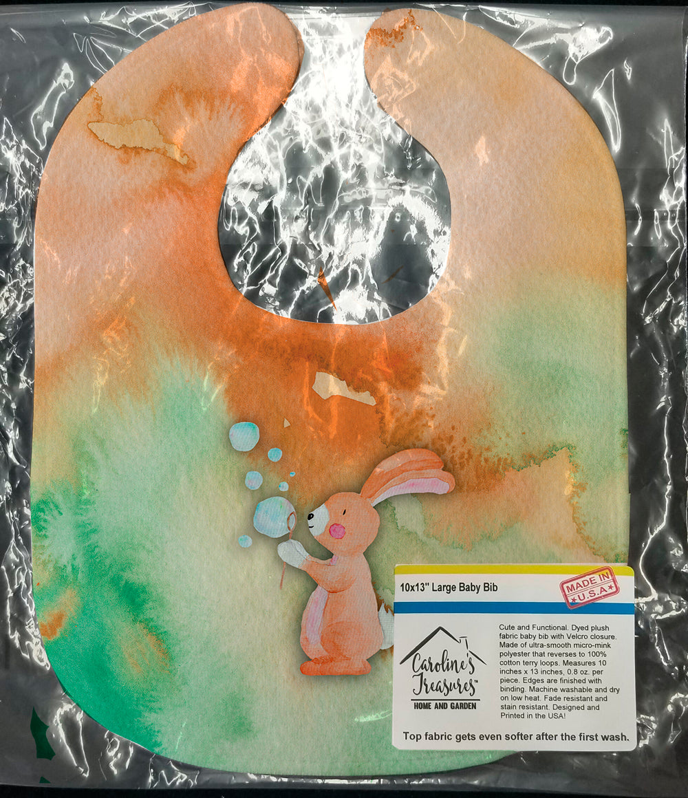 Rabbit and Bubbles Watercolor Baby Bib Easy-Clean Baby Bib Baby Feeding Accessory Baby Mealtime Essential, 10 x 13, Multicolor