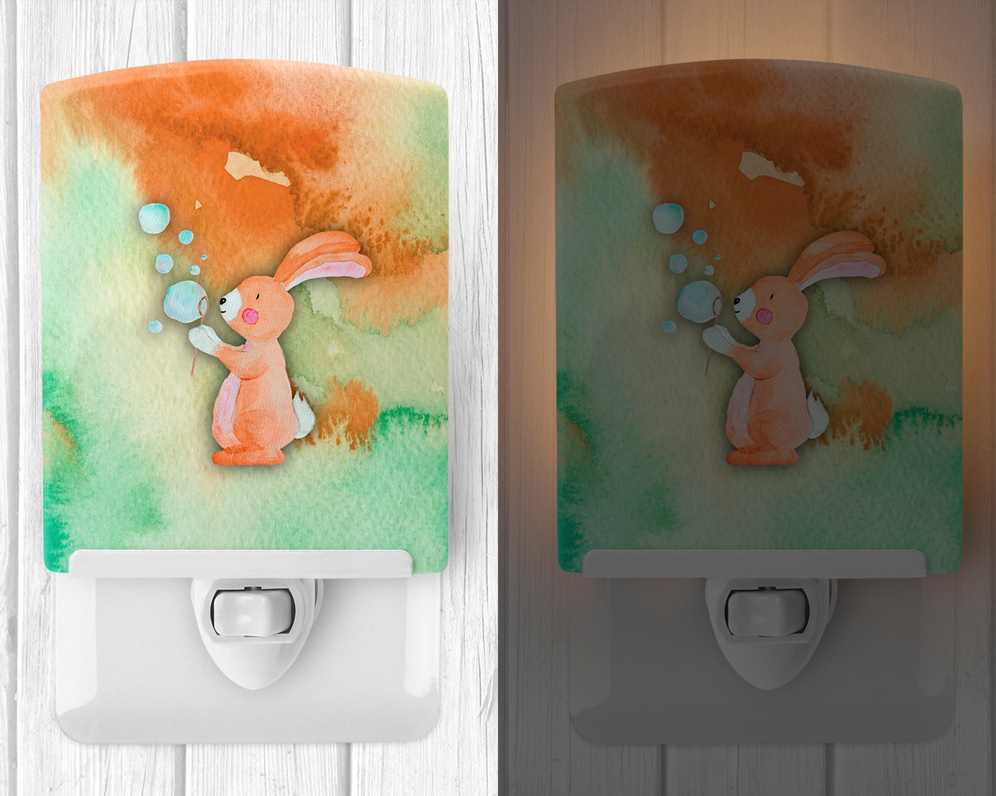 Rabbit and Bubbles Watercolor Ceramic Night Light Compact, UL-Certified, Ideal for Bedroom, Bathroom, Nursery, Hallway, Kitchen, 6x4x3, Multicolor