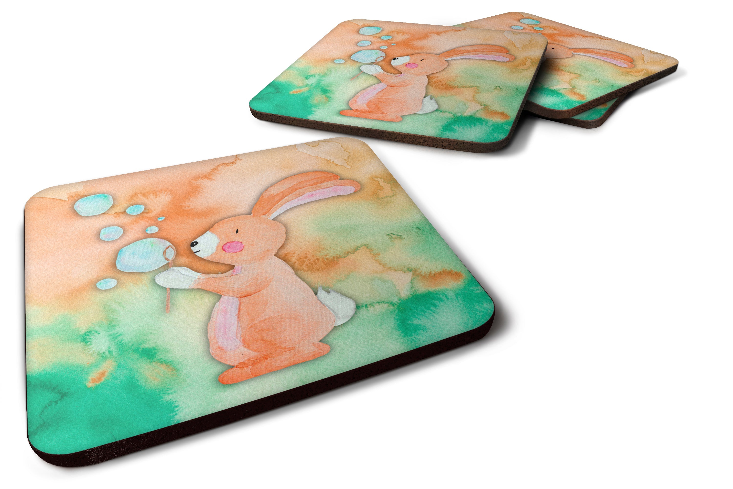 Rabbit and Bubbles Watercolor Foam Coasters Set of 4 Cup Coasters for Indoor Outdoor, Tabletop Protection, Anti Slip, Mouse pad Material