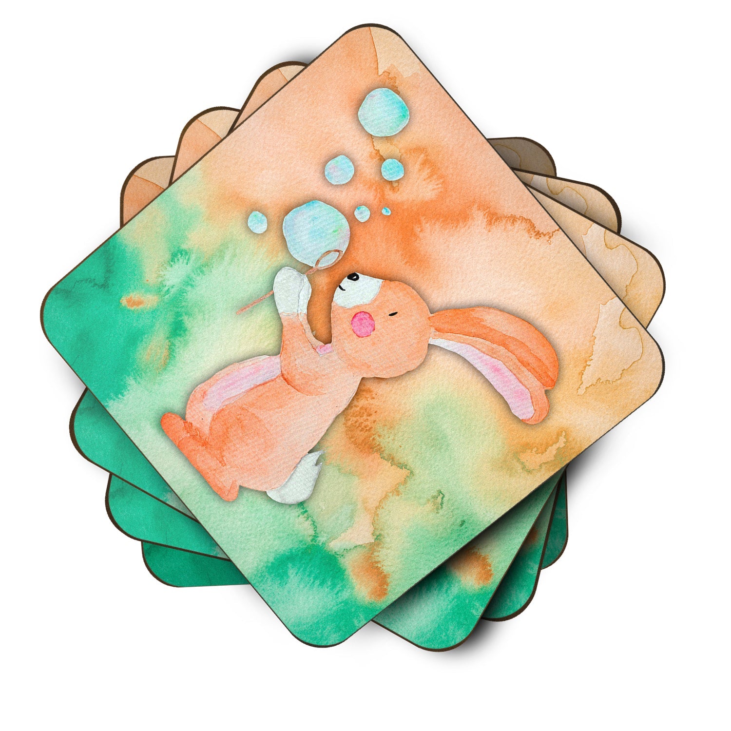 Rabbit and Bubbles Watercolor Foam Coasters Set of 4 Cup Coasters for Indoor Outdoor, Tabletop Protection, Anti Slip, Mouse pad Material