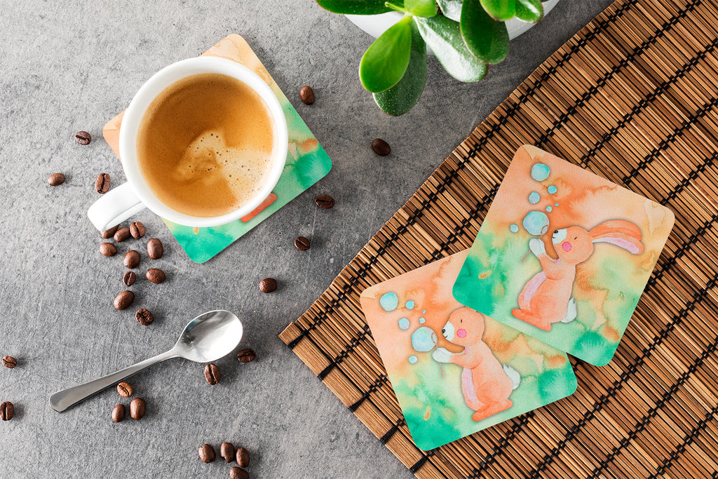 Rabbit and Bubbles Watercolor Foam Coasters Set of 4 Cup Coasters for Indoor Outdoor, Tabletop Protection, Anti Slip, Mouse pad Material