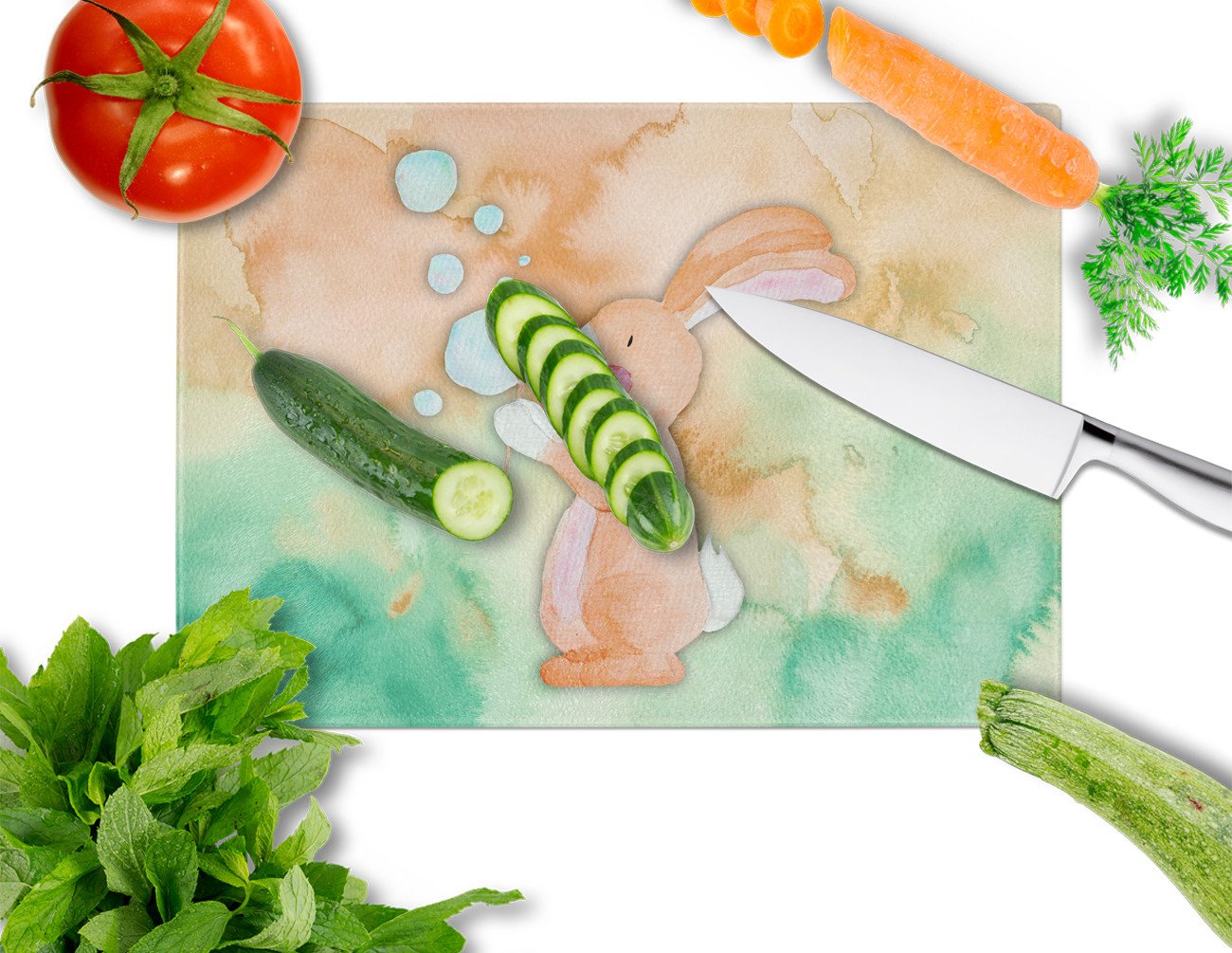Rabbit and Bubbles Watercolor Cutting Board Tempered Glass Kitchen Cutting Surface, Heat Resistant Chopping, Non-Slip Feet, Food Prep & Serving