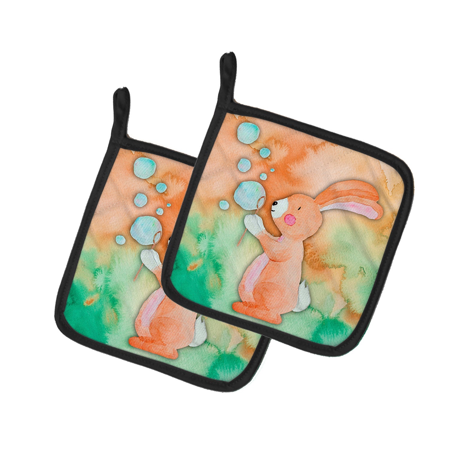 Rabbit and Bubbles Watercolor Pot Holder Set of 2 Heat Resistant Quilted Hot Pads 7.5 x 7.5 Inch, Insulated Kitchen Trivets for Cooking & Baking