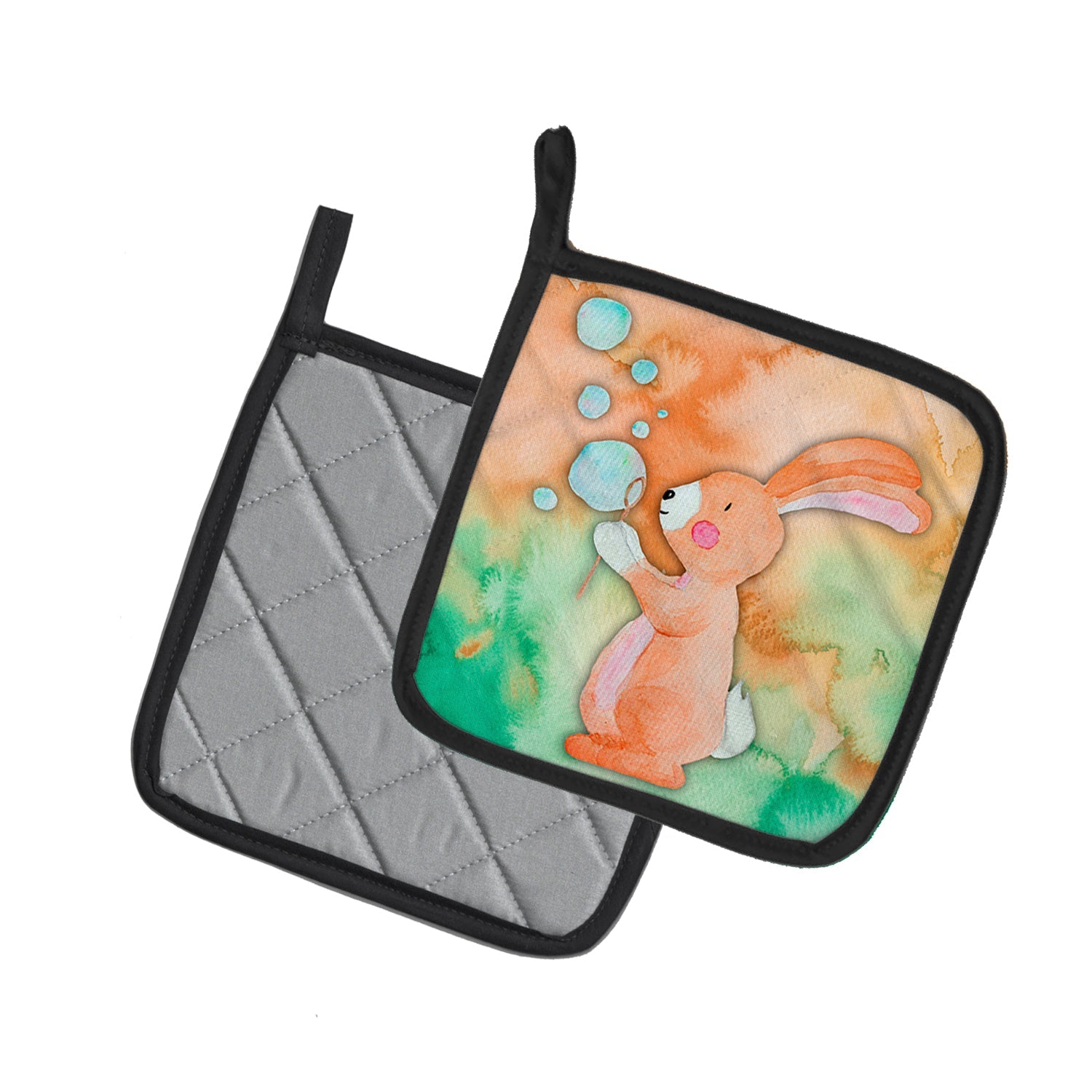 Rabbit and Bubbles Watercolor Pot Holder Set of 2 Heat Resistant Quilted Hot Pads 7.5 x 7.5 Inch, Insulated Kitchen Trivets for Cooking & Baking