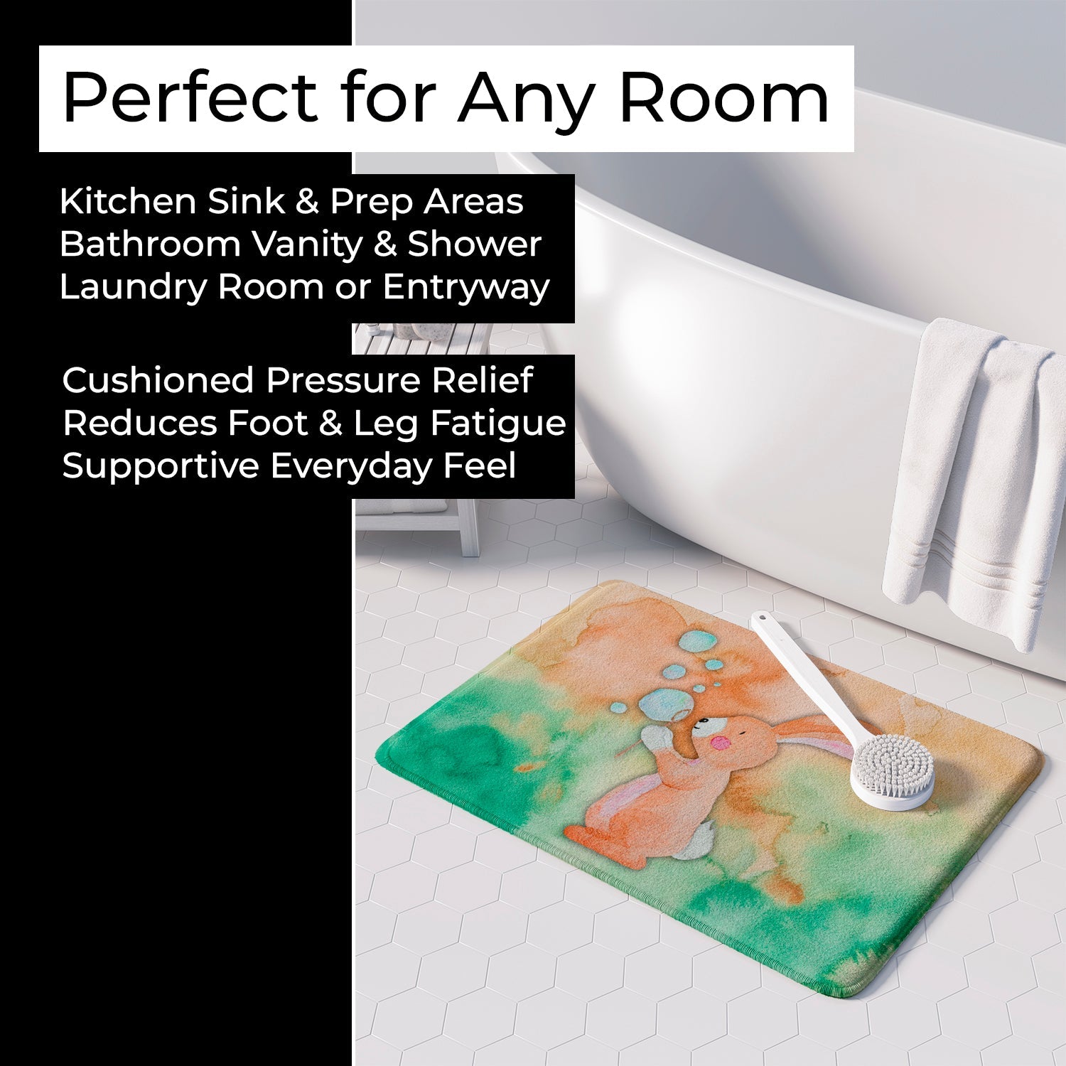 Rabbit and Bubbles Watercolor Memory Foam Kitchen Mat Machine Washable Anti-Fatigue Cushion Comfort Bath or Kitchen Rug