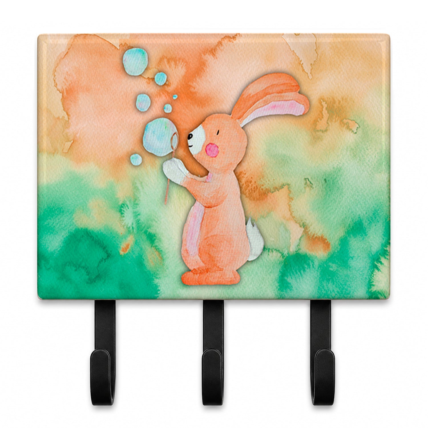 Rabbit and Bubbles Watercolor Leash or Key Holder Wall Hooks, Coat Rack Wall Mount, for Hanging Keys, Towels, Aprons, Leashes