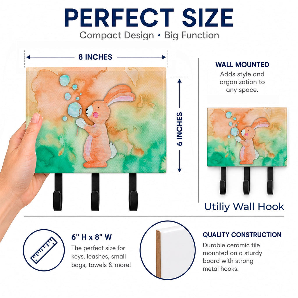 Rabbit and Bubbles Watercolor Leash or Key Holder Wall Hooks, Coat Rack Wall Mount, for Hanging Keys, Towels, Aprons, Leashes