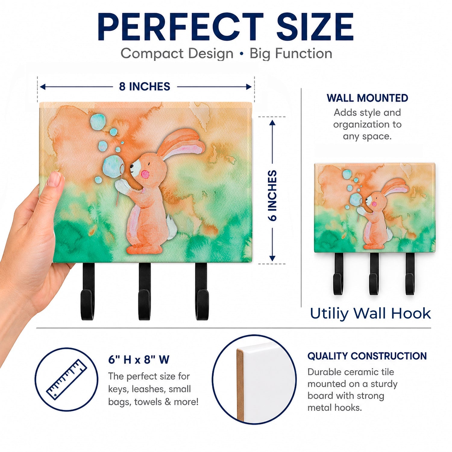 Rabbit and Bubbles Watercolor Leash or Key Holder Wall Hooks, Coat Rack Wall Mount, for Hanging Keys, Towels, Aprons, Leashes