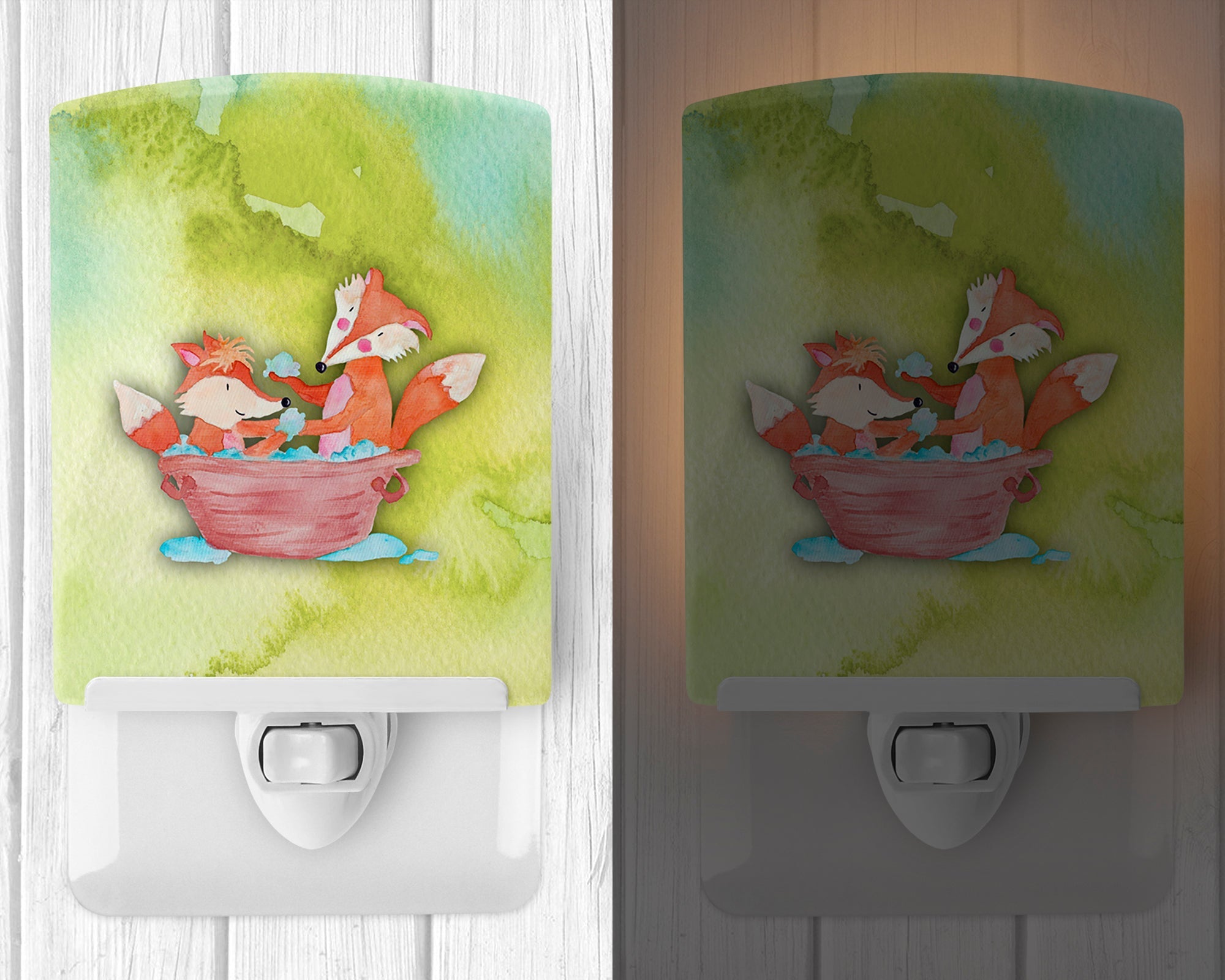 Foxes Bathing Watercolor Ceramic Night Light Compact, UL-Certified, Ideal for Bedroom, Bathroom, Nursery, Hallway, Kitchen, 6x4x3, Multicolor