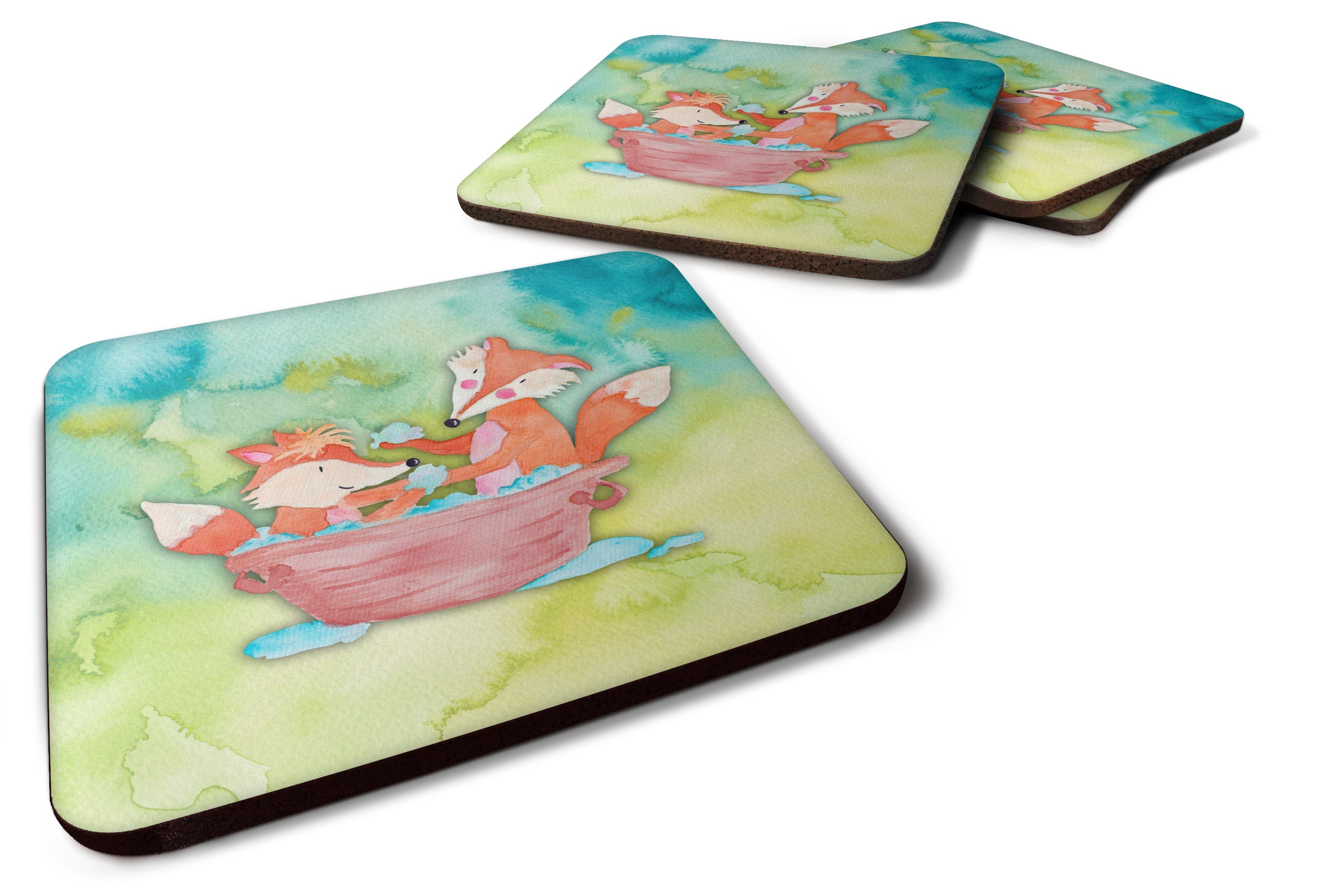 Foxes Bathing Watercolor Foam Coasters Set of 4 Cup Coasters for Indoor Outdoor, Tabletop Protection, Anti Slip, Mouse pad Material