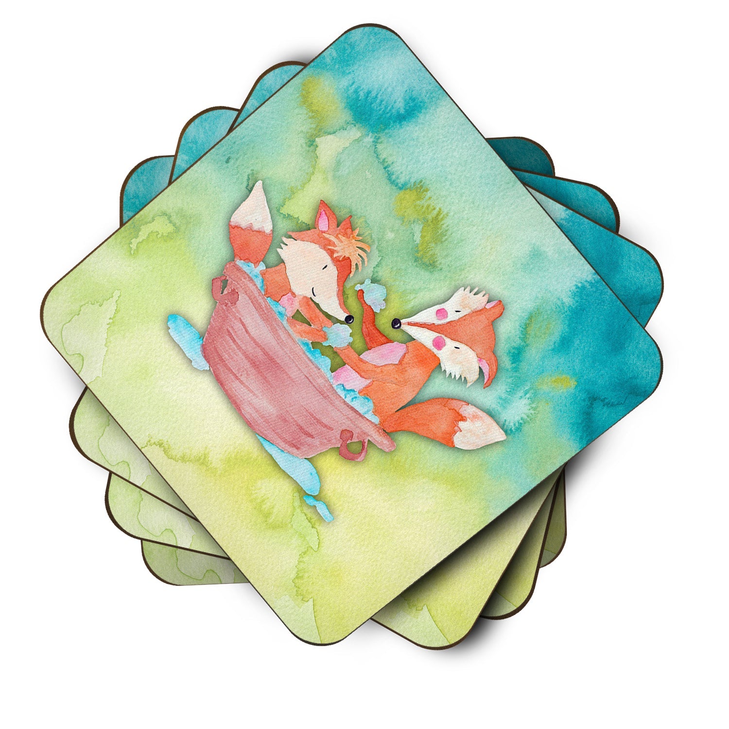 Foxes Bathing Watercolor Foam Coasters Set of 4 Cup Coasters for Indoor Outdoor, Tabletop Protection, Anti Slip, Mouse pad Material