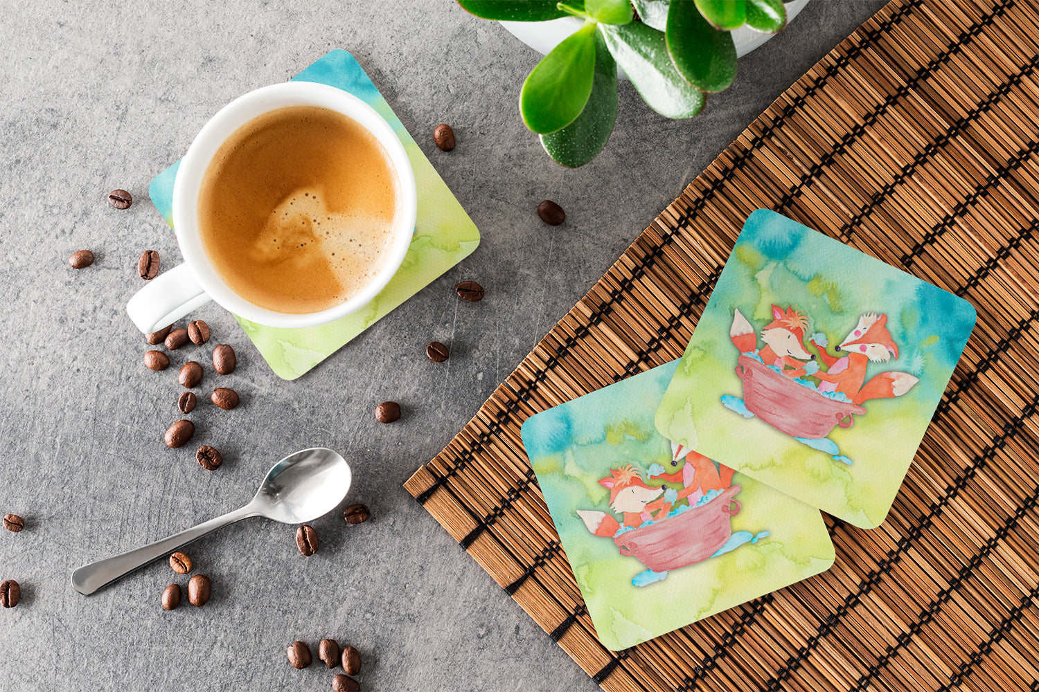 Foxes Bathing Watercolor Foam Coasters Set of 4 Cup Coasters for Indoor Outdoor, Tabletop Protection, Anti Slip, Mouse pad Material