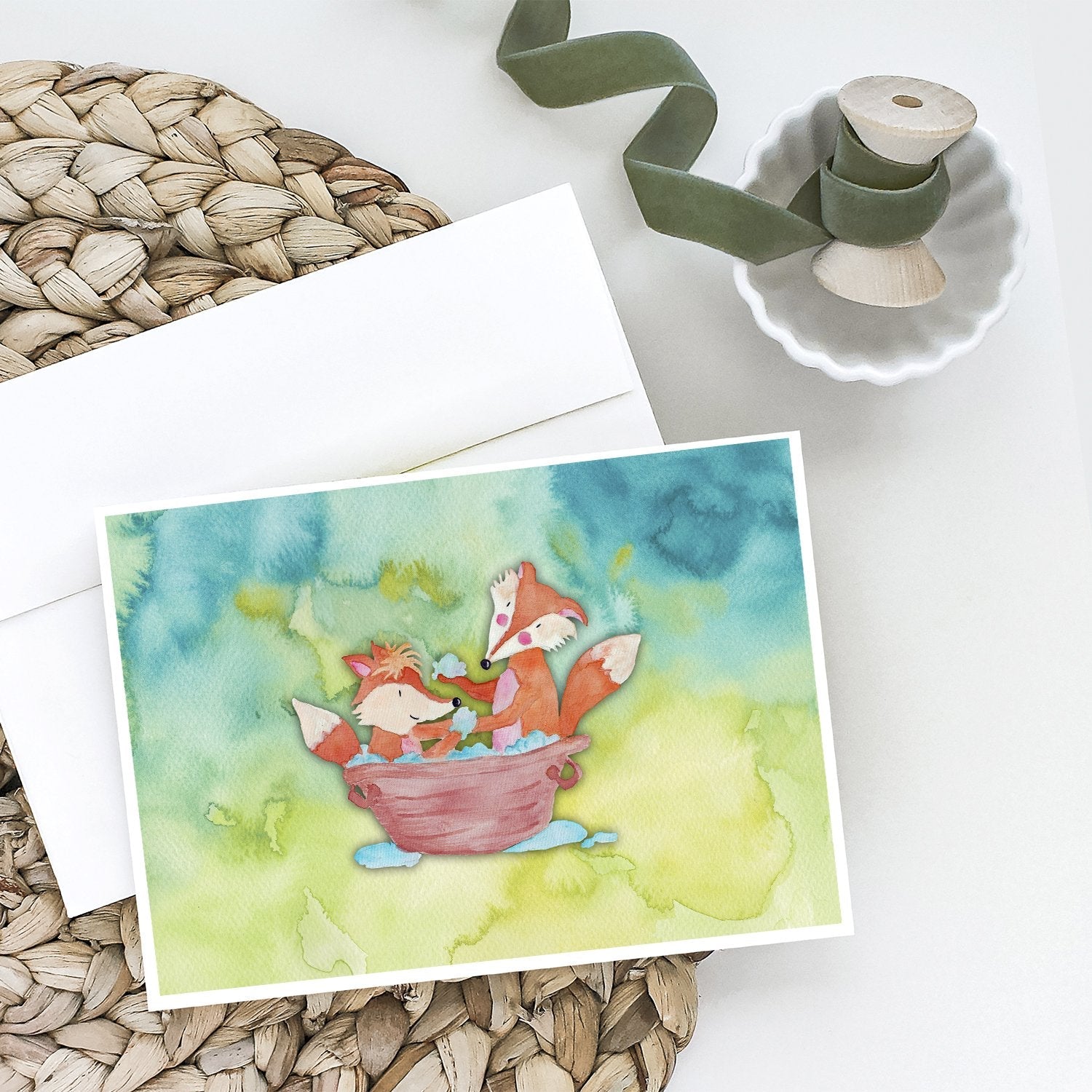 Foxes Bathing Watercolor Greeting Cards Pack of 8 Blank Cards with Envelopes Whimsical A7 Size 5x7