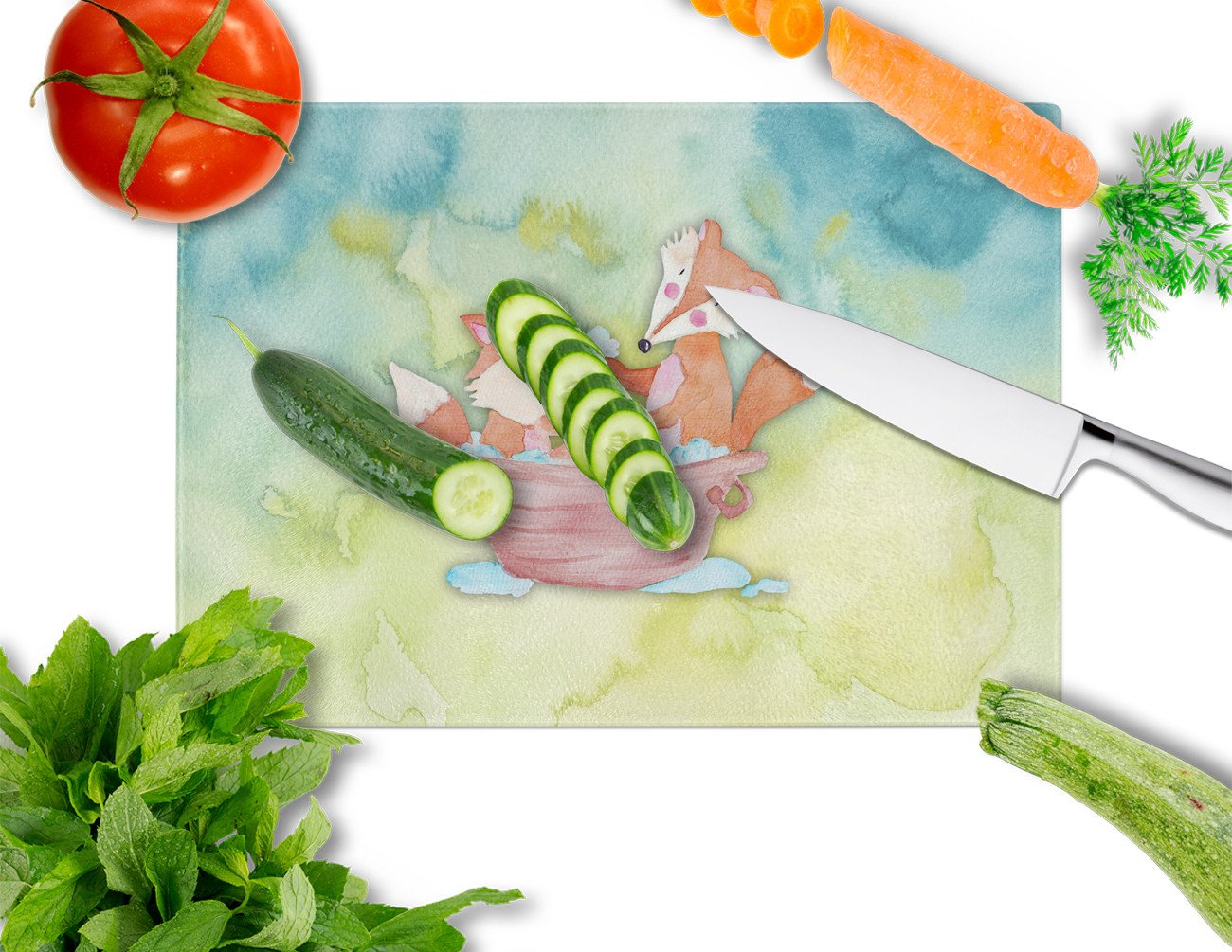 Foxes Bathing Watercolor Cutting Board Tempered Glass Kitchen Cutting Surface, Heat Resistant Chopping, Non-Slip Feet, Food Prep & Serving