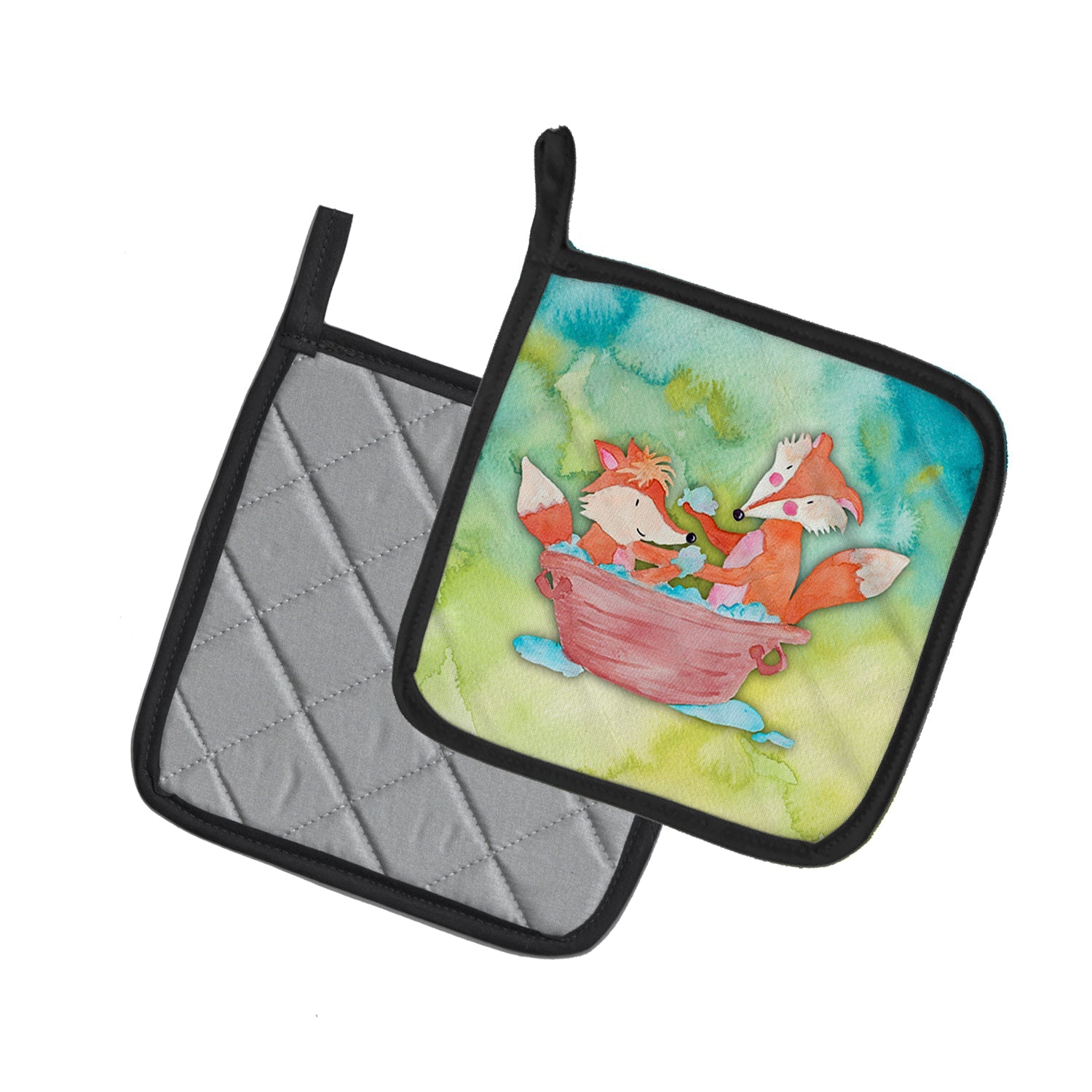 Foxes Bathing Watercolor Pot Holder Set of 2 Heat Resistant Quilted Hot Pads 7.5 x 7.5 Inch, Insulated Kitchen Trivets for Cooking & Baking