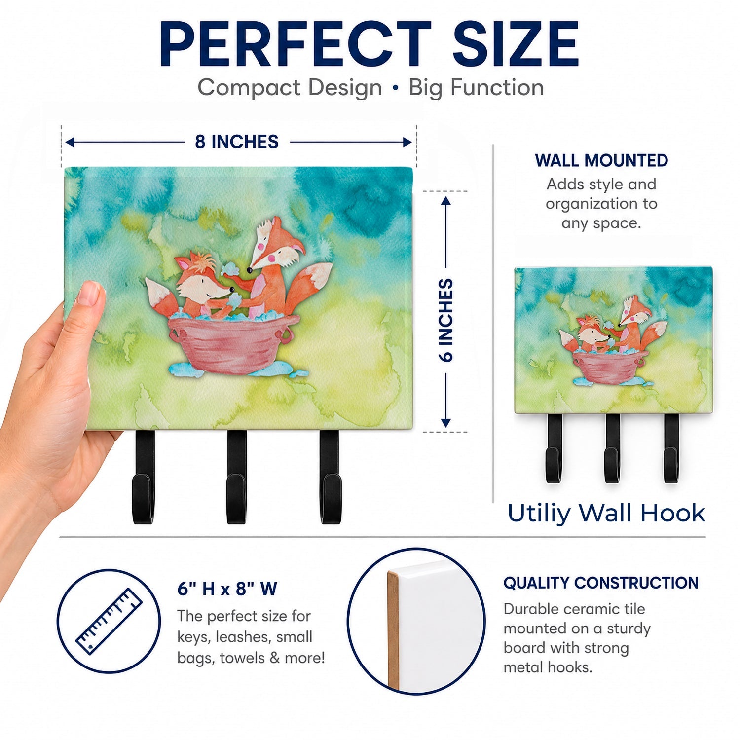 Foxes Bathing Watercolor Leash or Key Holder Wall Hooks, Coat Rack Wall Mount, for Hanging Keys, Towels, Aprons, Leashes