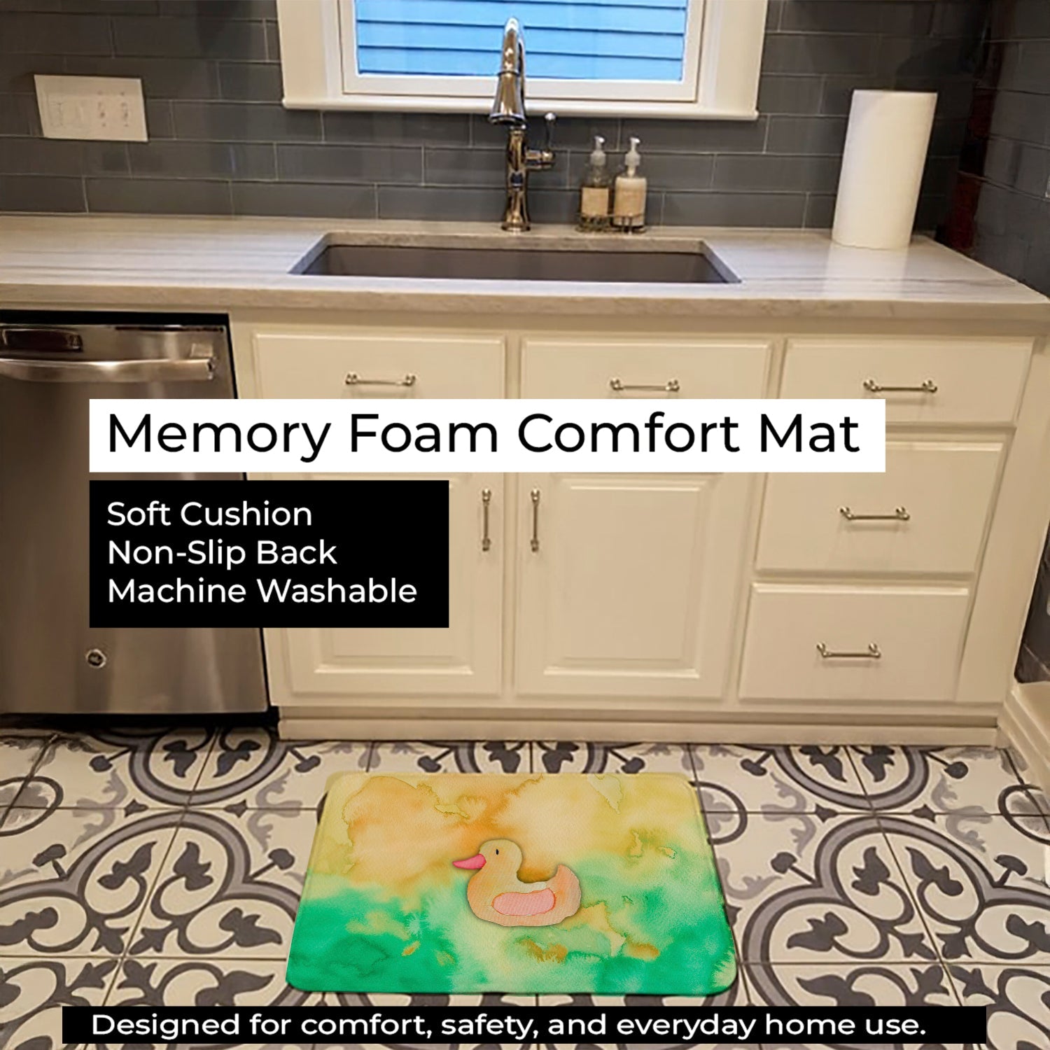 Rubber Duckie Watercolor Memory Foam Kitchen Mat Machine Washable Anti-Fatigue Cushion Comfort Bath or Kitchen Rug