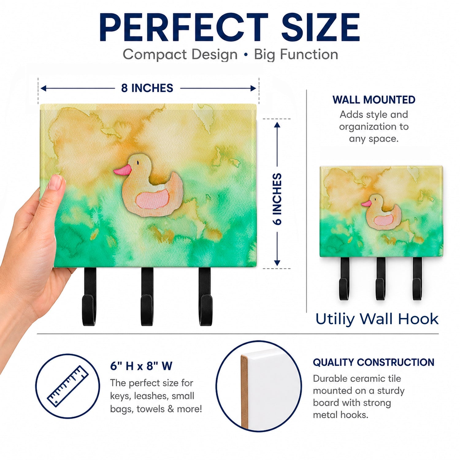 Rubber Duckie Watercolor Leash or Key Holder Wall Hooks, Coat Rack Wall Mount, for Hanging Keys, Towels, Aprons, Leashes