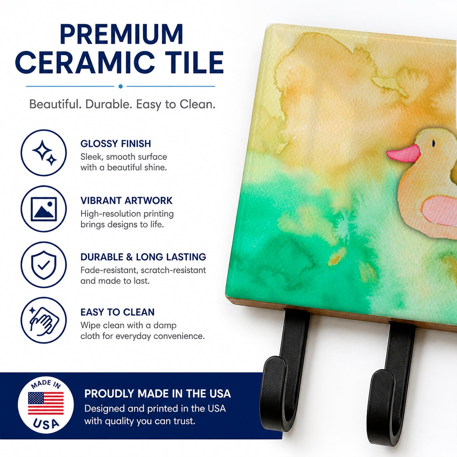 Rubber Duckie Watercolor Leash or Key Holder Wall Hooks, Coat Rack Wall Mount, for Hanging Keys, Towels, Aprons, Leashes