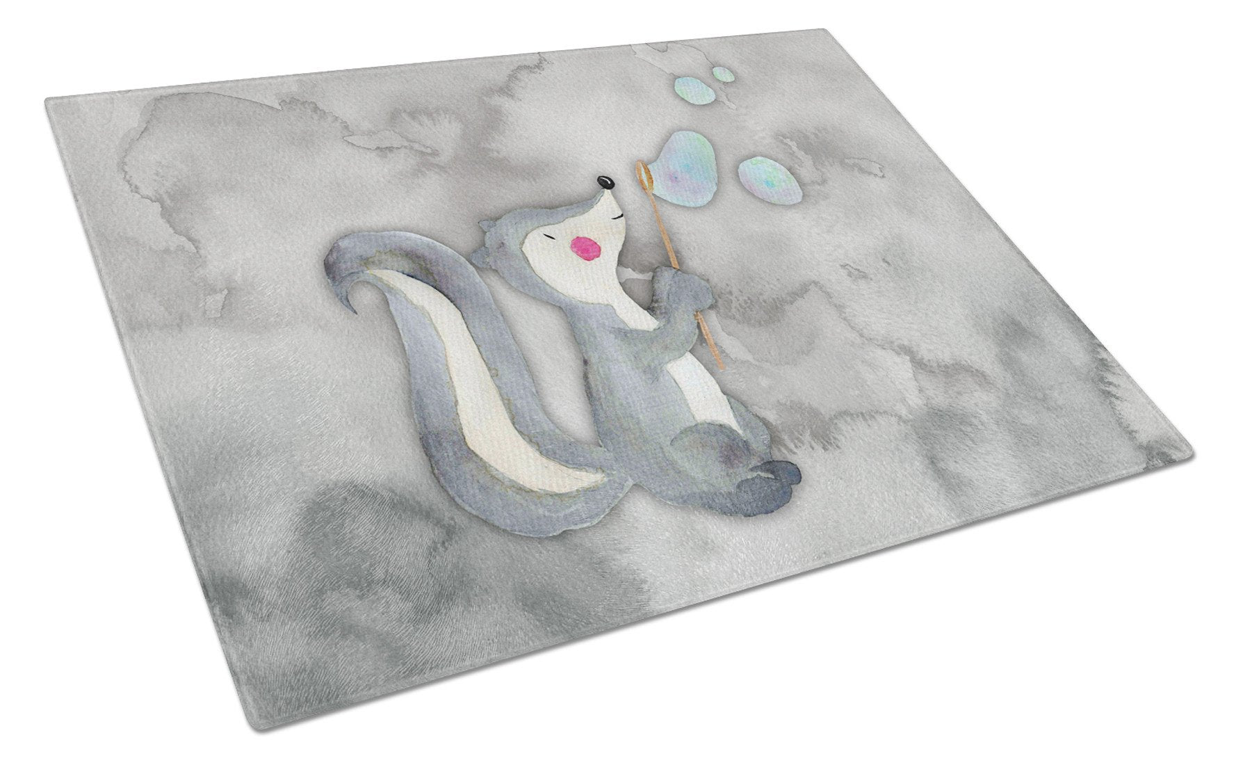 Skunk and Bubbles Watercolor Cutting Board Tempered Glass Kitchen Cutting Surface, Heat Resistant Chopping, Non-Slip Feet, Food Prep & Serving