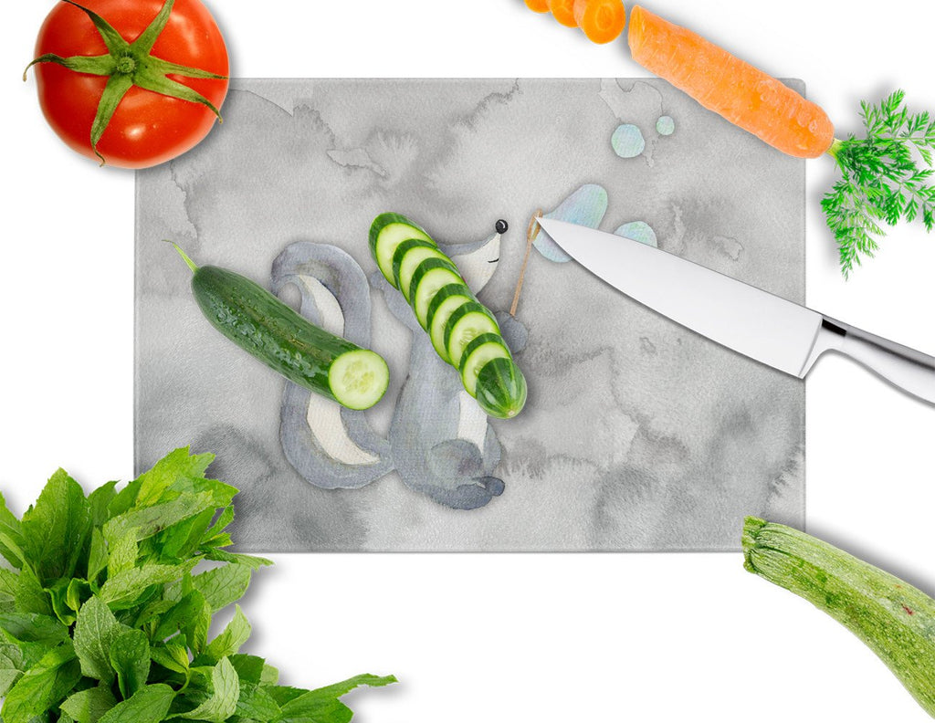Skunk and Bubbles Watercolor Cutting Board Tempered Glass Kitchen Cutting Surface, Heat Resistant Chopping, Non-Slip Feet, Food Prep & Serving