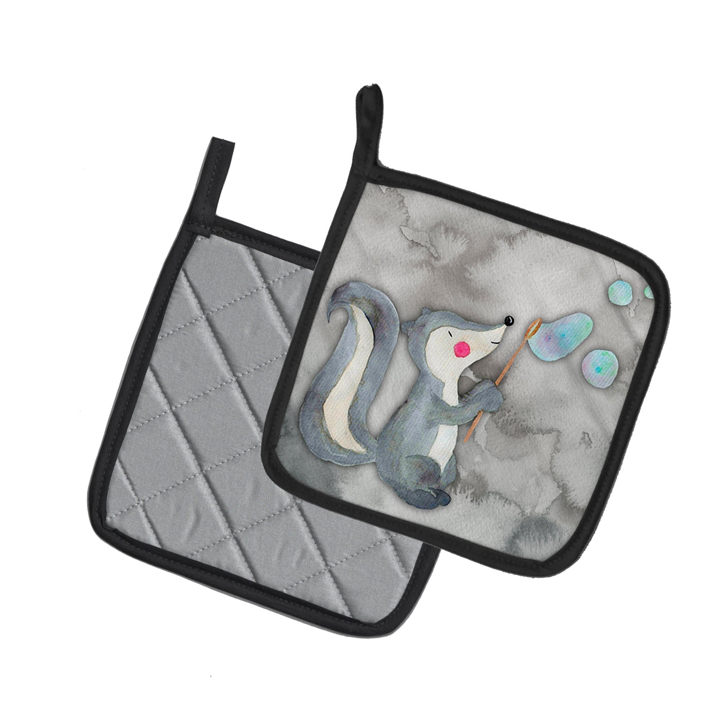 Skunk and Bubbles Watercolor Pot Holder Set of 2 Heat Resistant Quilted Hot Pads 7.5 x 7.5 Inch, Insulated Kitchen Trivets for Cooking & Baking