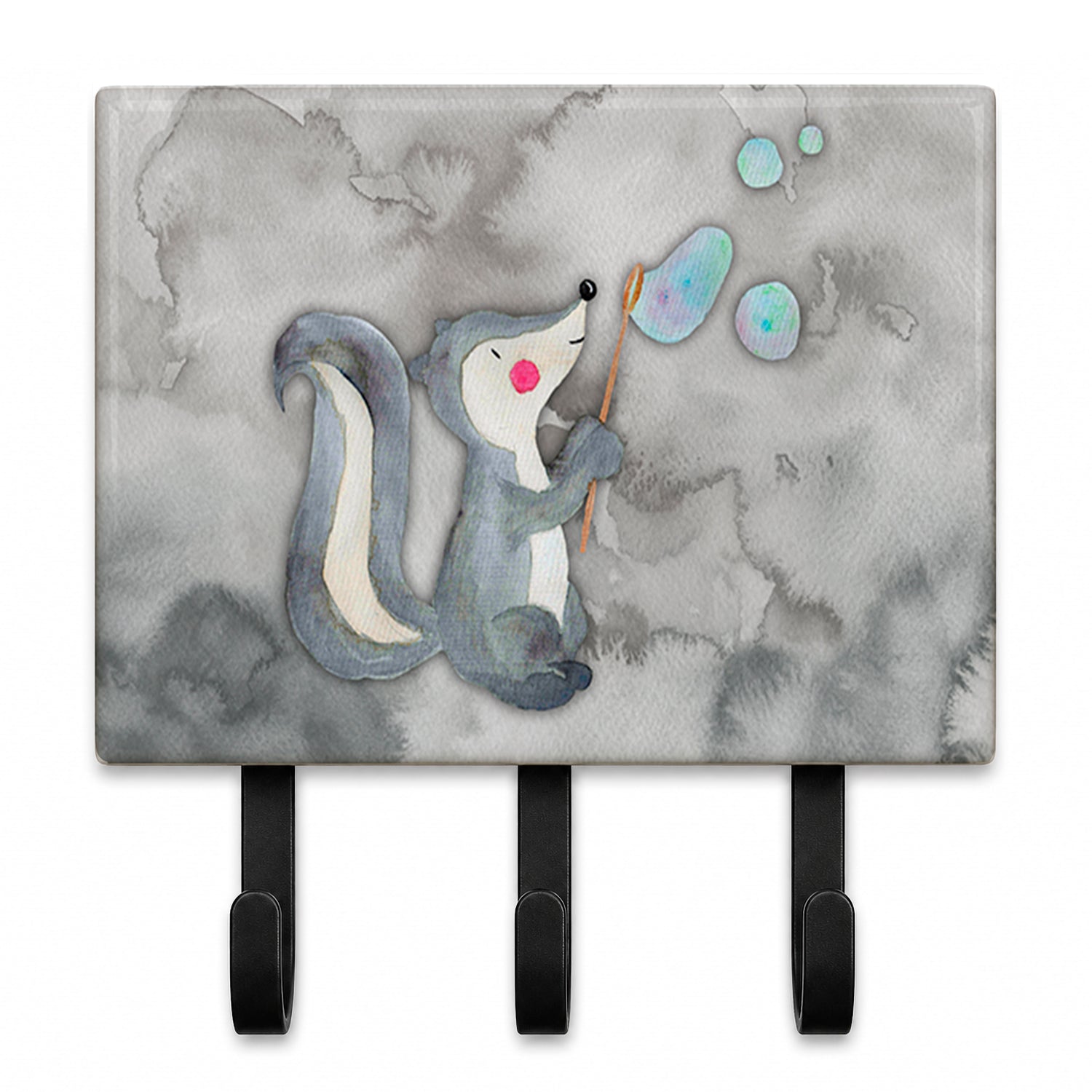 Skunk and Bubbles Watercolor Leash or Key Holder Wall Hooks, Coat Rack Wall Mount, for Hanging Keys, Towels, Aprons, Leashes