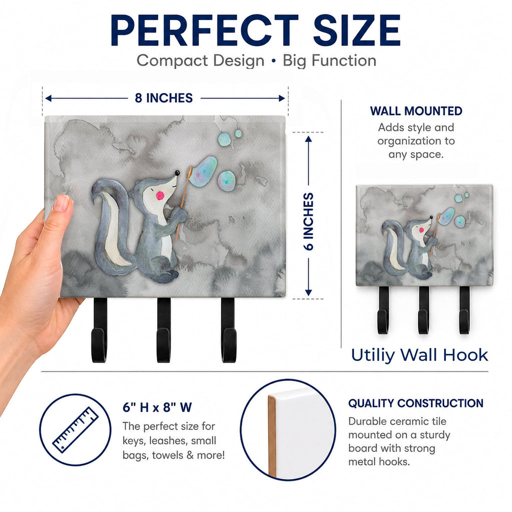 Skunk and Bubbles Watercolor Leash or Key Holder Wall Hooks, Coat Rack Wall Mount, for Hanging Keys, Towels, Aprons, Leashes