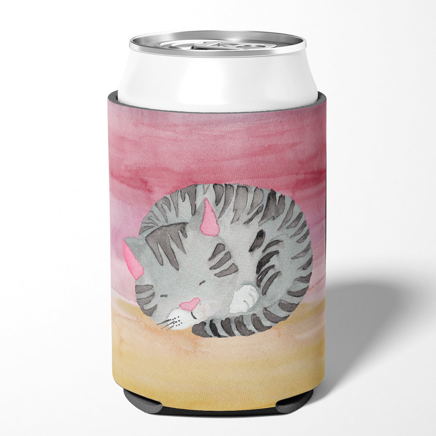 Sleeping Grey Cat Watercolor Can or Bottle Hugger Cooler Sleeve for Standard 12 oz Cans, Insulated Foam Beer & Soda Can Hugger Reusable