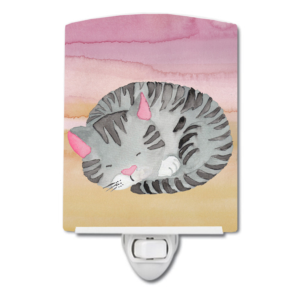 Sleeping Grey Cat Watercolor Ceramic Night Light Compact, UL-Certified, Ideal for Bedroom, Bathroom, Nursery, Hallway, Kitchen, 6x4x3, Multicolor
