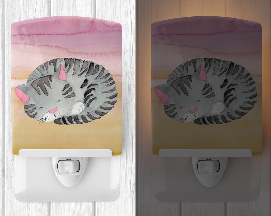 Sleeping Grey Cat Watercolor Ceramic Night Light Compact, UL-Certified, Ideal for Bedroom, Bathroom, Nursery, Hallway, Kitchen, 6x4x3, Multicolor