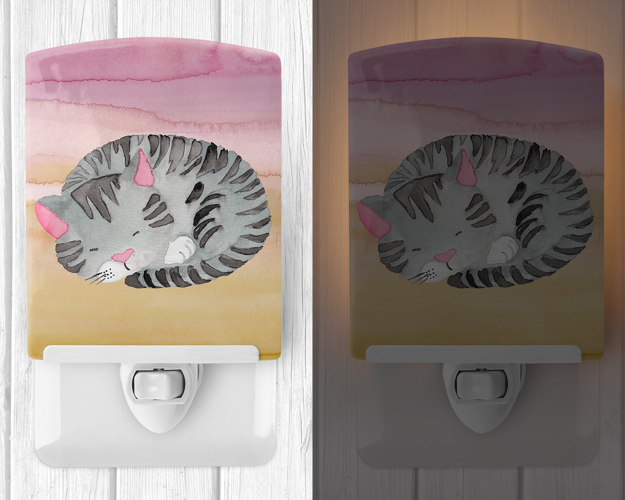 Sleeping Grey Cat Watercolor Ceramic Night Light Compact, UL-Certified, Ideal for Bedroom, Bathroom, Nursery, Hallway, Kitchen, 6x4x3, Multicolor