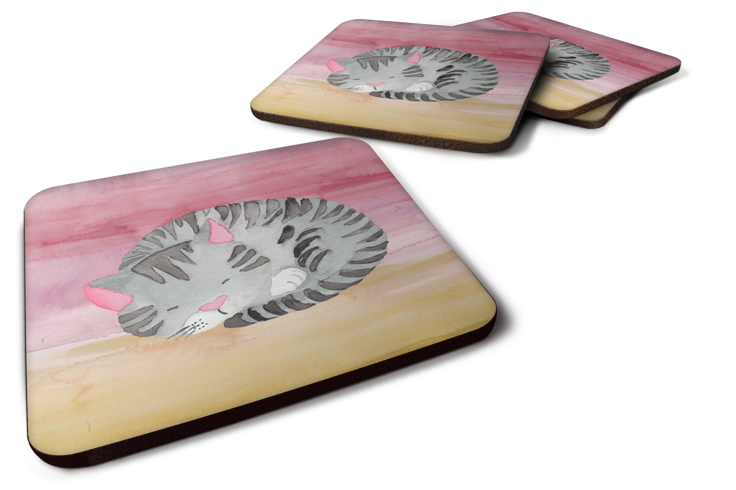 Sleeping Grey Cat Watercolor Foam Coasters Set of 4 Cup Coasters for Indoor Outdoor, Tabletop Protection, Anti Slip, Mouse pad Material