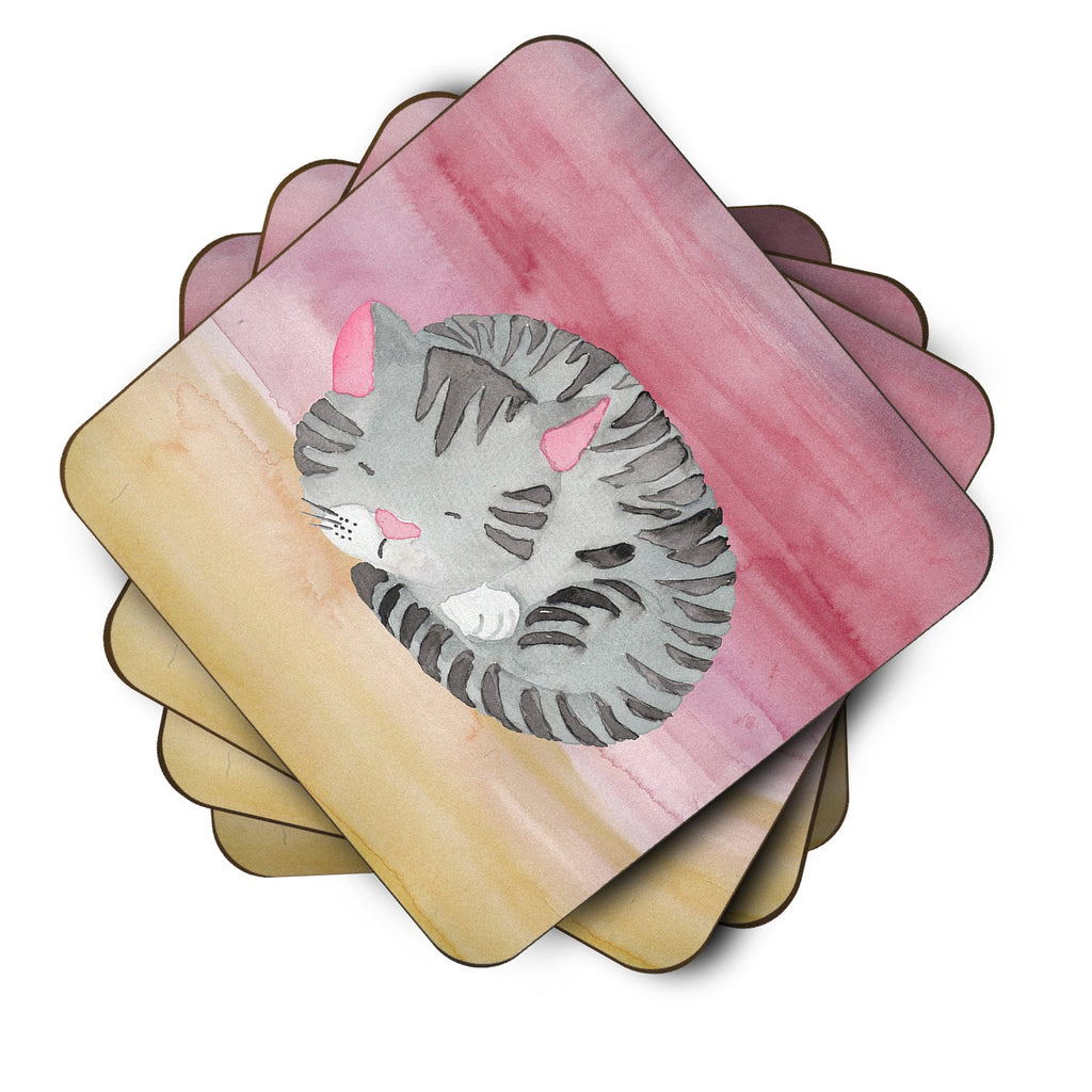 Sleeping Grey Cat Watercolor Foam Coasters Set of 4 Cup Coasters for Indoor Outdoor, Tabletop Protection, Anti Slip, Mouse pad Material