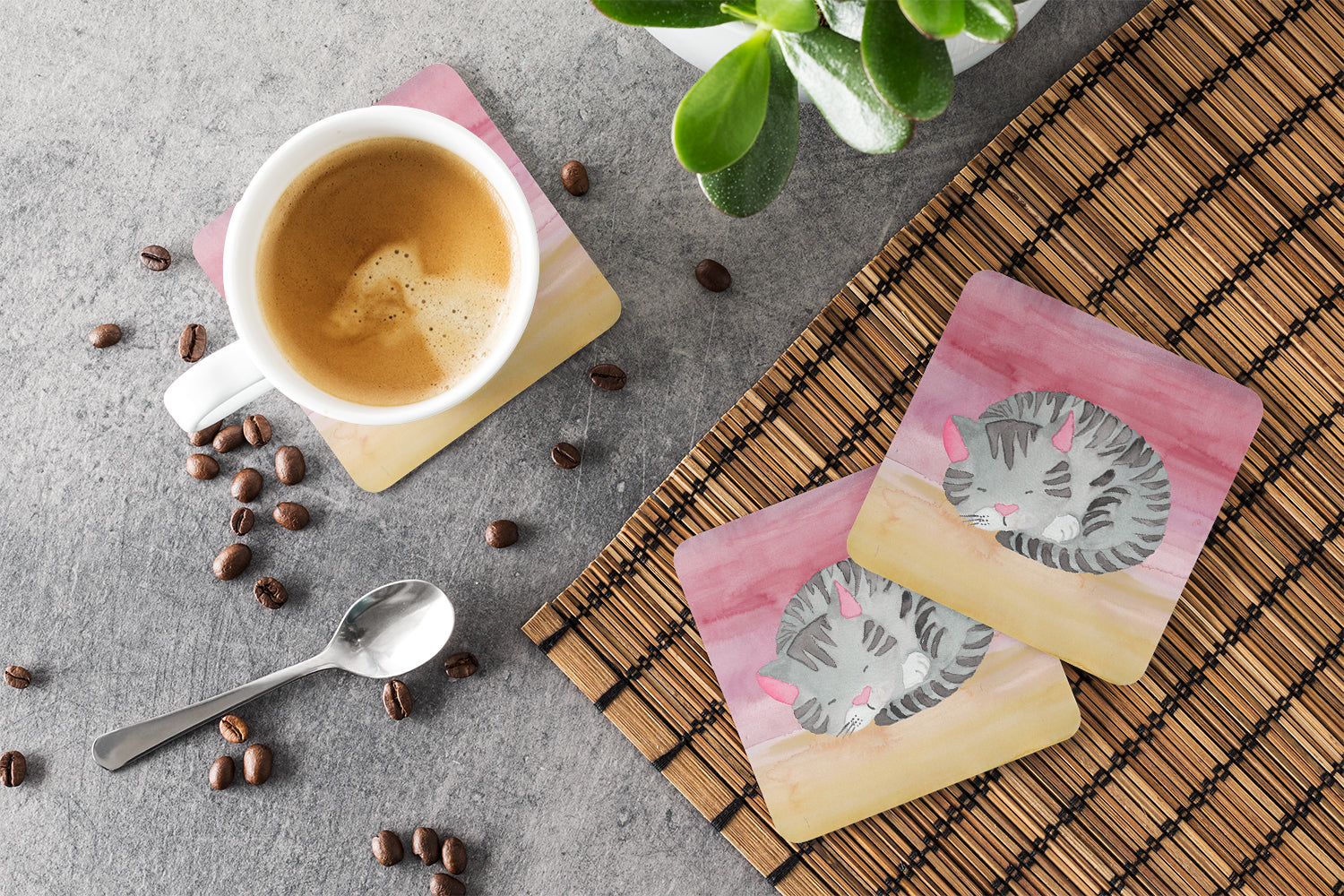Sleeping Grey Cat Watercolor Foam Coasters Set of 4 Cup Coasters for Indoor Outdoor, Tabletop Protection, Anti Slip, Mouse pad Material