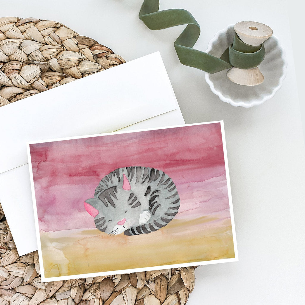Sleeping Grey Cat Watercolor Greeting Cards Pack of 8 Blank Cards with Envelopes Whimsical A7 Size 5x7