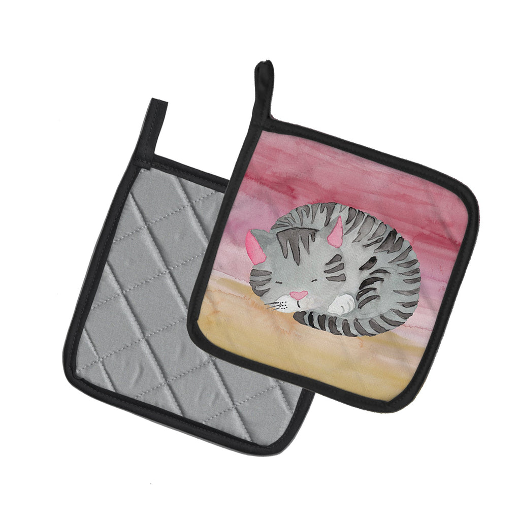 Sleeping Grey Cat Watercolor Pot Holder Set of 2 Heat Resistant Quilted Hot Pads 7.5 x 7.5 Inch, Insulated Kitchen Trivets for Cooking & Baking