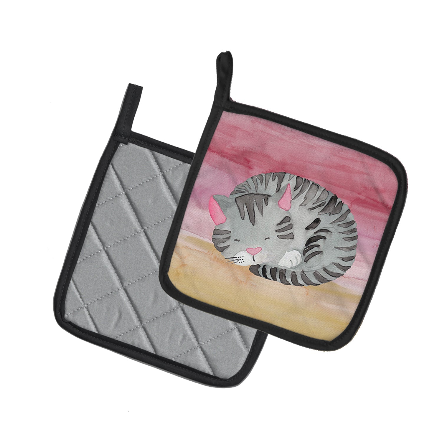 Sleeping Grey Cat Watercolor Pot Holder Set of 2 Heat Resistant Quilted Hot Pads 7.5 x 7.5 Inch, Insulated Kitchen Trivets for Cooking & Baking
