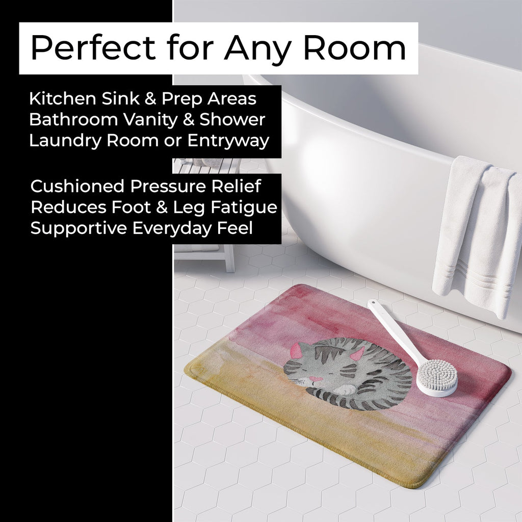 Sleeping Grey Cat Watercolor Memory Foam Kitchen Mat Machine Washable Anti-Fatigue Cushion Comfort Bath or Kitchen Rug