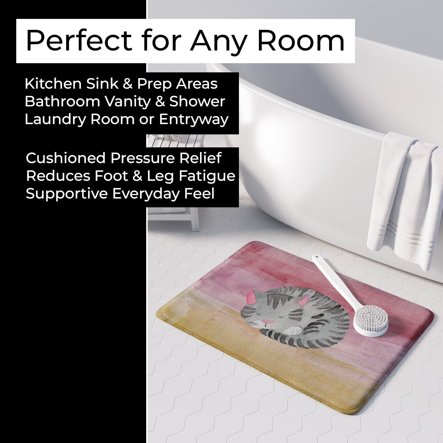 Sleeping Grey Cat Watercolor Memory Foam Kitchen Mat Machine Washable Anti-Fatigue Cushion Comfort Bath or Kitchen Rug