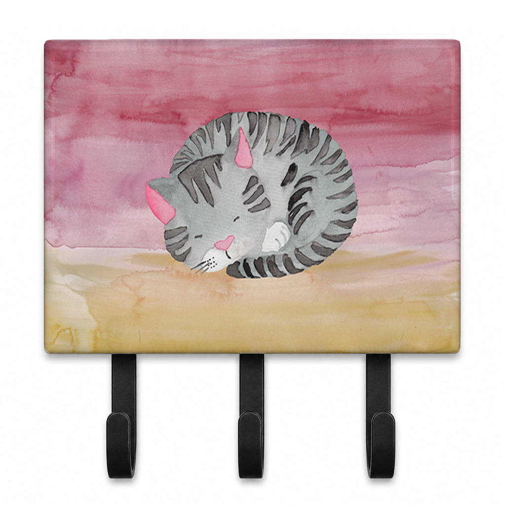 Sleeping Grey Cat Watercolor Leash or Key Holder Wall Hooks, Coat Rack Wall Mount, for Hanging Keys, Towels, Aprons, Leashes