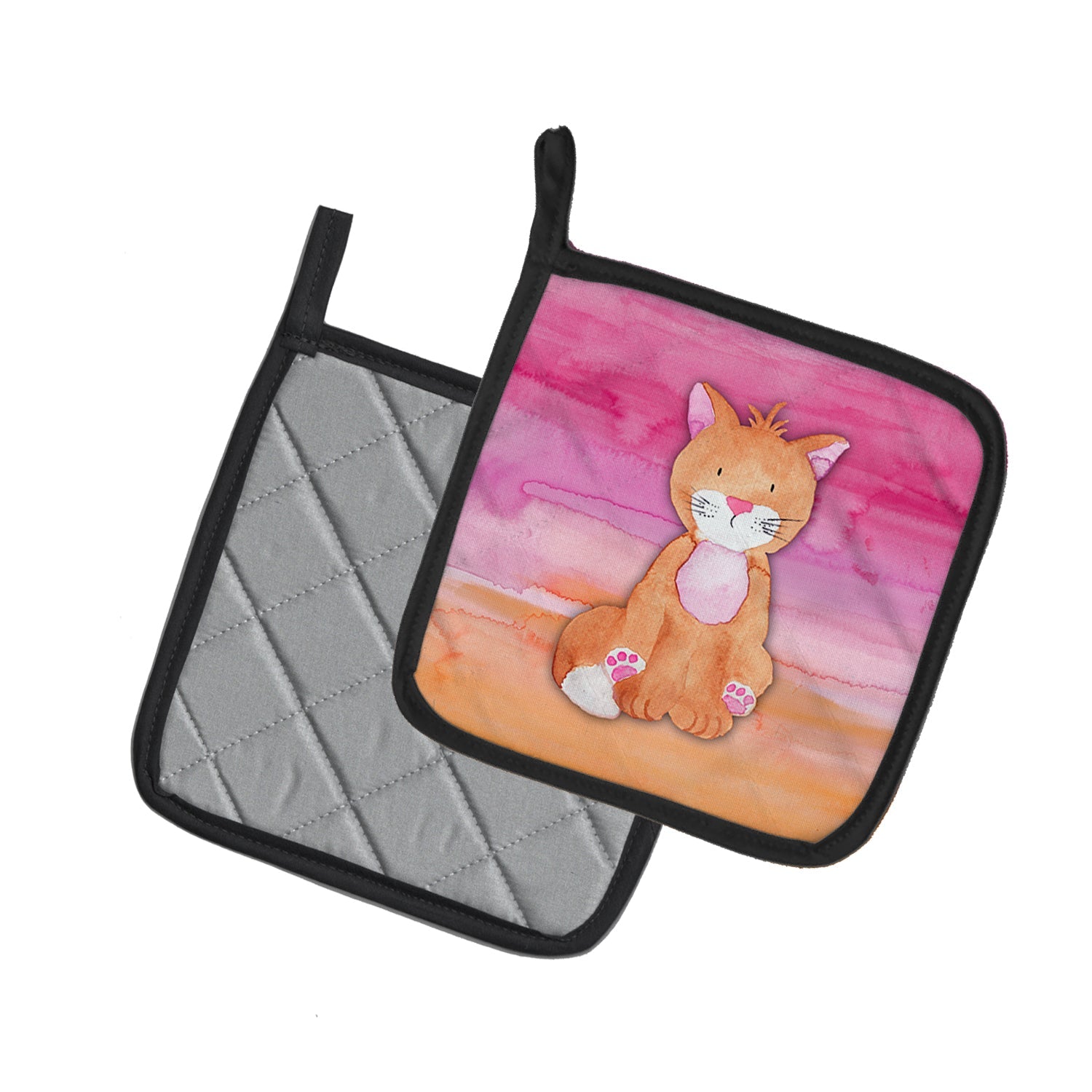 Orange Cat Watercolor Pot Holder Set of 2 Heat Resistant Quilted Hot Pads 7.5 x 7.5 Inch, Insulated Kitchen Trivets for Cooking & Baking