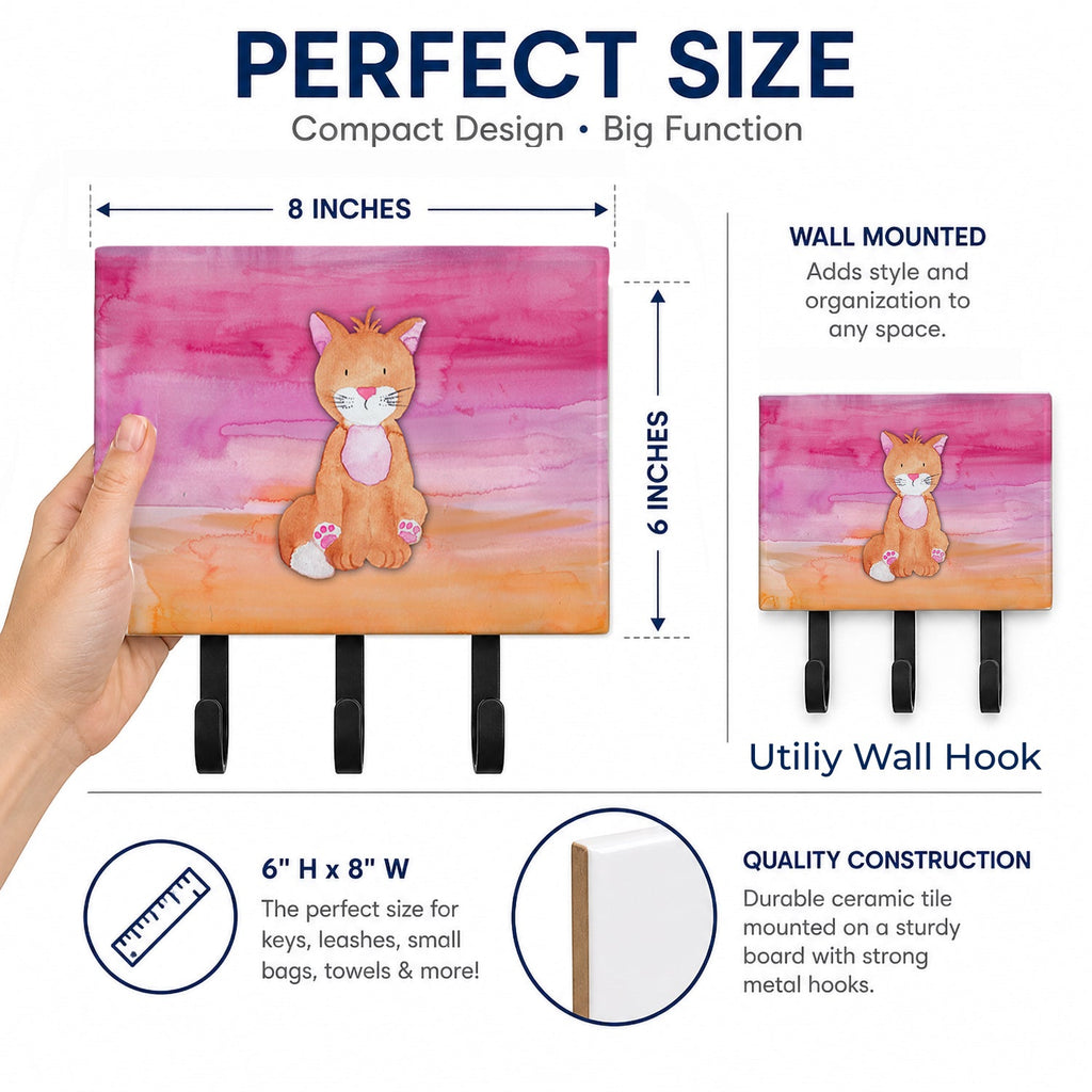 Orange Cat Watercolor Leash or Key Holder Wall Hooks, Coat Rack Wall Mount, for Hanging Keys, Towels, Aprons, Leashes