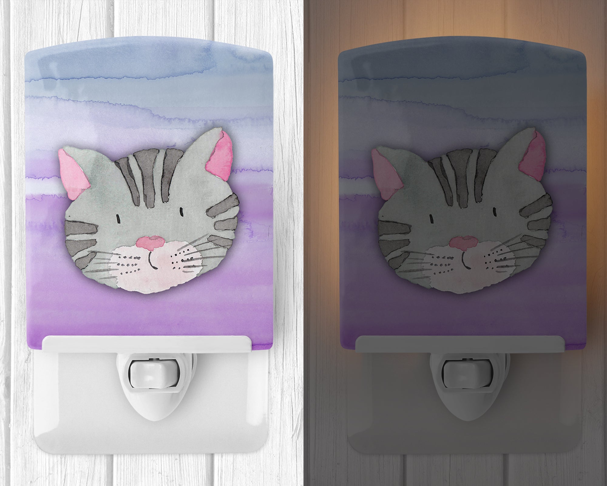 Cat Face Watercolor Ceramic Night Light Compact, UL-Certified, Ideal for Bedroom, Bathroom, Nursery, Hallway, Kitchen, 6x4x3, Multicolor