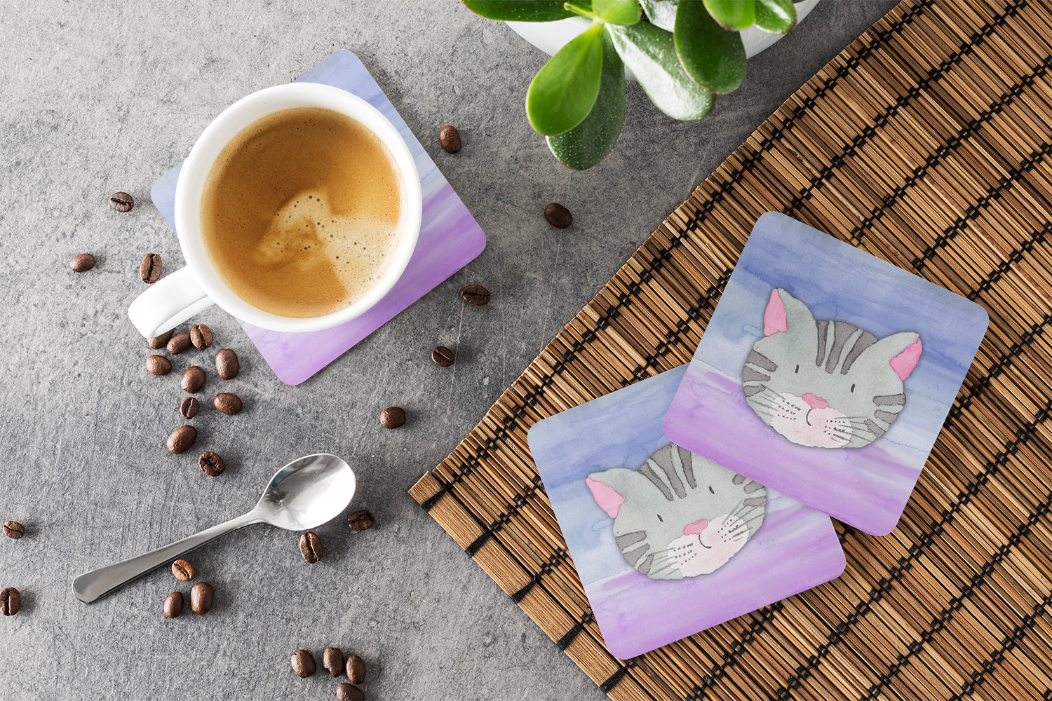 Cat Face Watercolor Foam Coasters Set of 4 Cup Coasters for Indoor Outdoor, Tabletop Protection, Anti Slip, Mouse pad Material