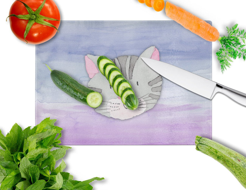 Cat Face Watercolor Cutting Board Tempered Glass Kitchen Cutting Surface, Heat Resistant Chopping, Non-Slip Feet, Food Prep & Serving